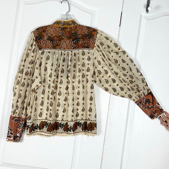 Nwot FARM RIO Top L Cream Brown Floral Pearly-Button Crochet Puff-Balloon-Sleeve - Picture 3 of 16